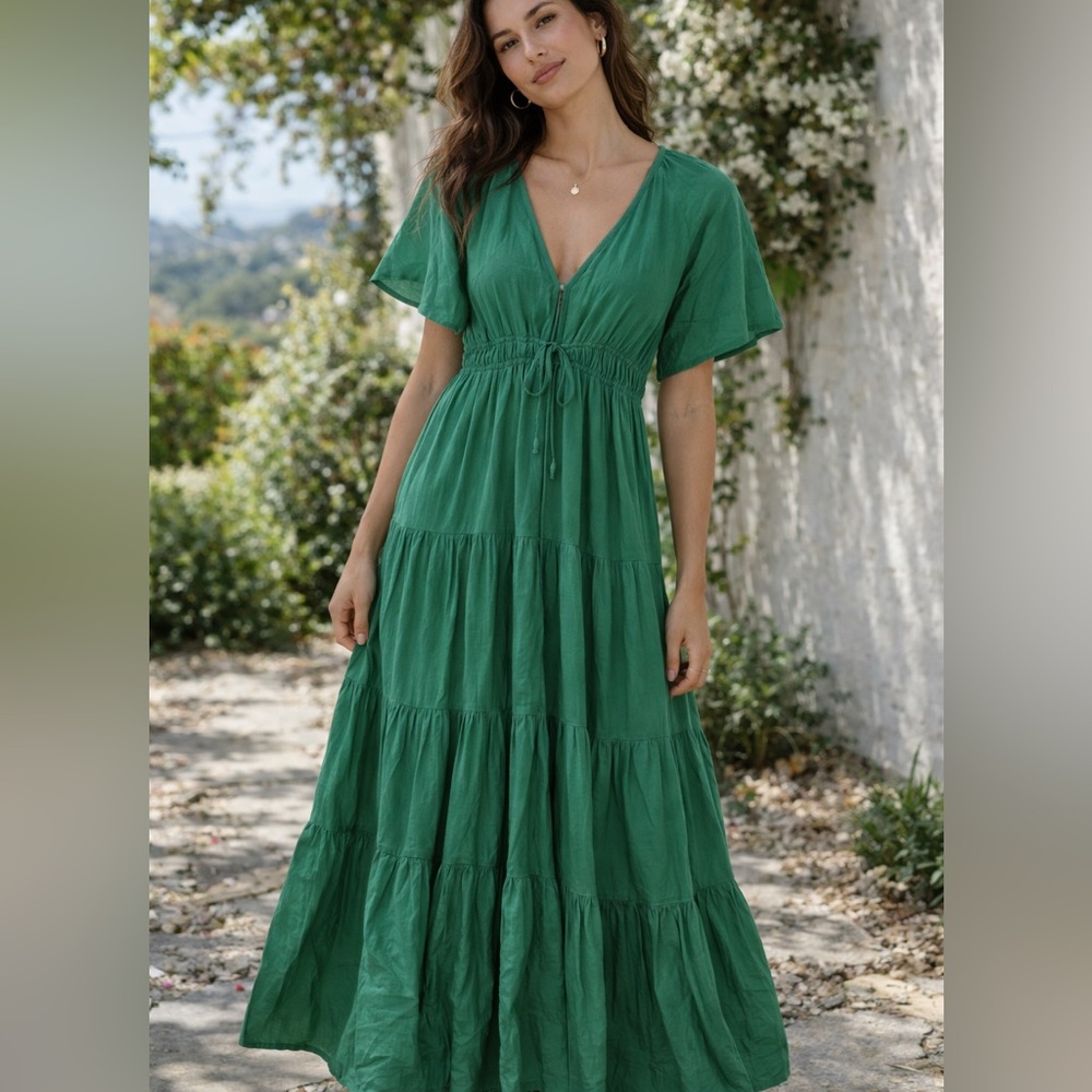 Young Fabulous & Broke Deep Green V-Neck Tiered Maxi Dress